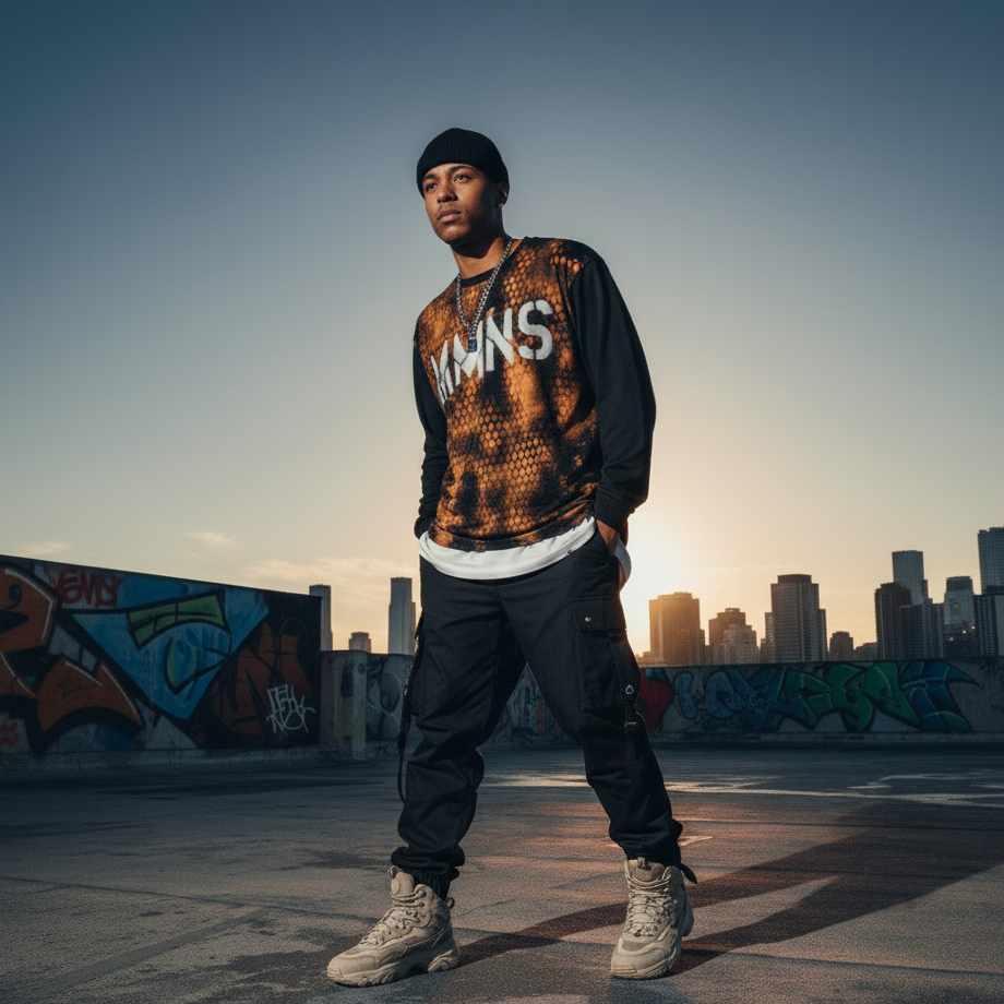 Long-sleeve shirt with honeycomb pattern and 'MMNS' branding using reverse tie dye technique