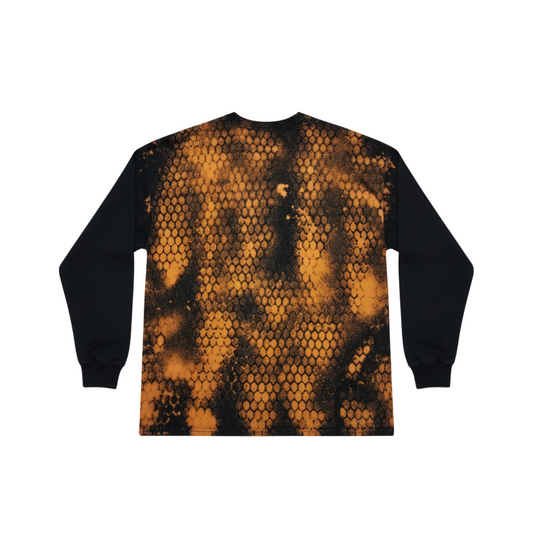 Long-sleeve shirt with a unique pattern on the back against a white background using reverse tie dye and bleach splatter technique.