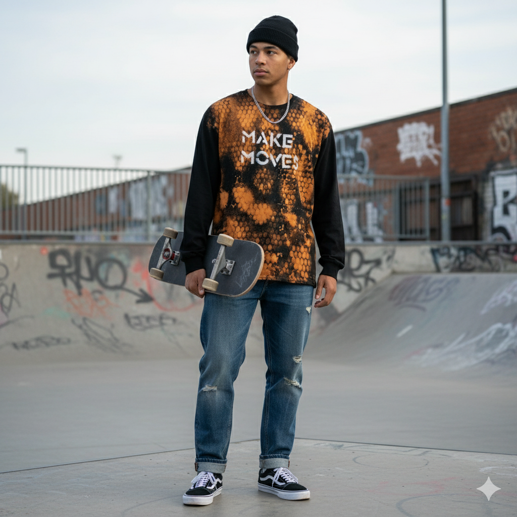 Long-sleeve shirt with a unique pattern on the back against a urban background using reverse tie dye and bleach splatter technique.