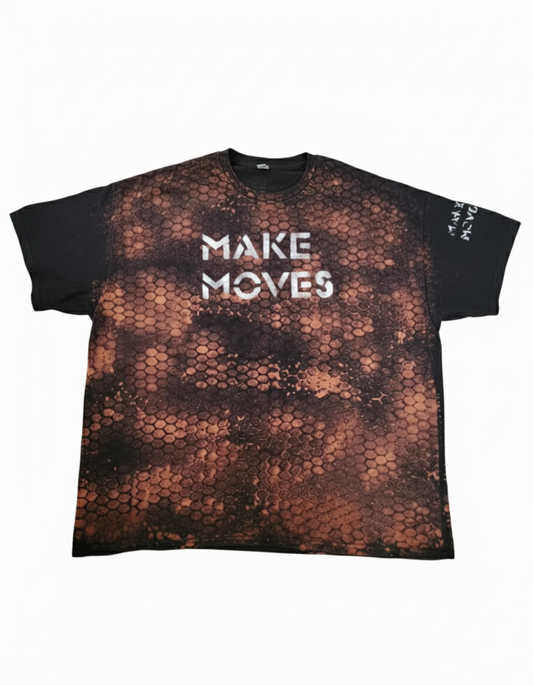 T-shirt with 'MAKE MOVES' text on a textured black and brown  using background reverse tie dye