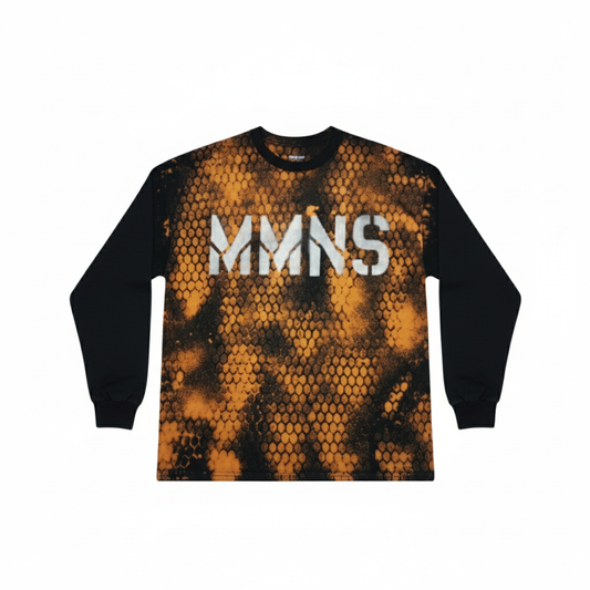 Long-sleeve shirt with honeycomb pattern and 'MMNS' branding using reverse tie dye technique