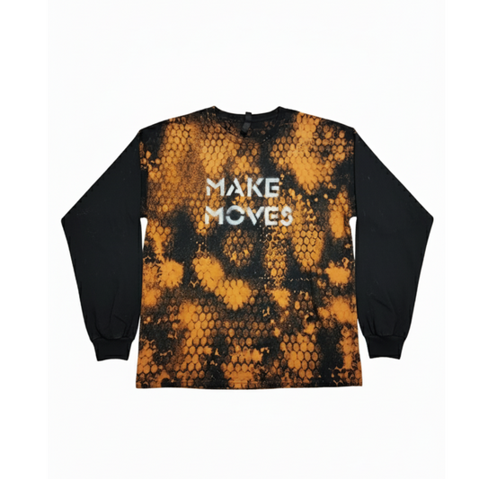 Long-sleeve shirt with honeycomb pattern and 'MAKE MOVES' text using handmade bleach splatter technique